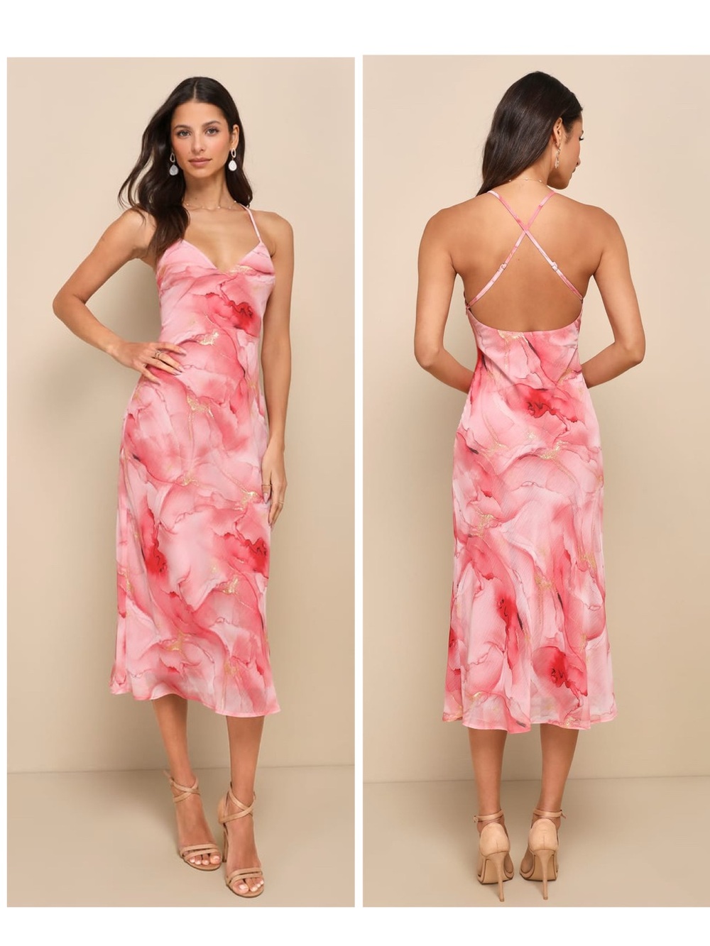 Lulus Bright Charm Pink Abstract Print Chiffon Slip Midi Dress Size XS Cocktail